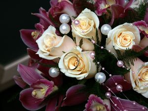 Preview wallpaper roses, lilies, bouquet, ring, wedding, beads, happiness, joy