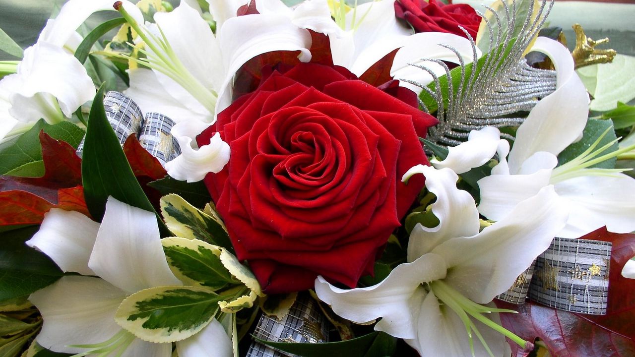 Wallpaper roses, lilies, bouquet, decoration, ribbon