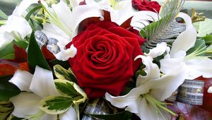 Preview wallpaper roses, lilies, bouquet, decoration, ribbon