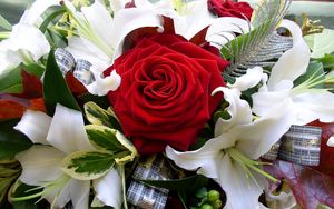 Preview wallpaper roses, lilies, bouquet, decoration, ribbon