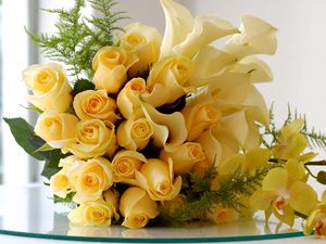 Preview wallpaper roses, lilies, flowers, bouquet, branches, glass, beauty