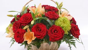 Preview wallpaper roses, lilies, flowers, grass, basket, composition