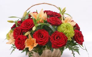 Preview wallpaper roses, lilies, flowers, grass, basket, composition