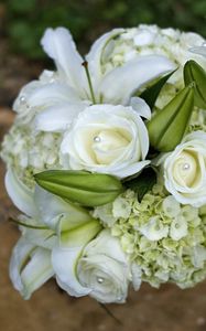 Preview wallpaper roses, lilies, hydrangeas, decoration, white, bouquet