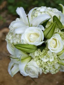 Preview wallpaper roses, lilies, hydrangeas, decoration, white, bouquet