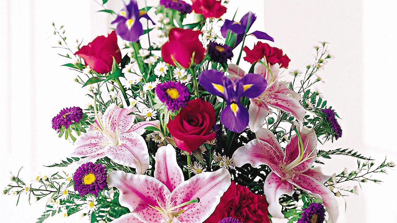 Wallpaper roses, lilies, irises, carnations, flowers, bouquet