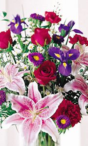 Preview wallpaper roses, lilies, irises, carnations, flowers, bouquet