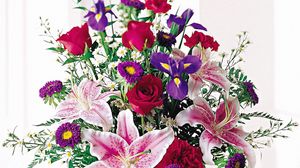 Preview wallpaper roses, lilies, irises, carnations, flowers, bouquet