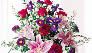 Preview wallpaper roses, lilies, irises, carnations, flowers, bouquet