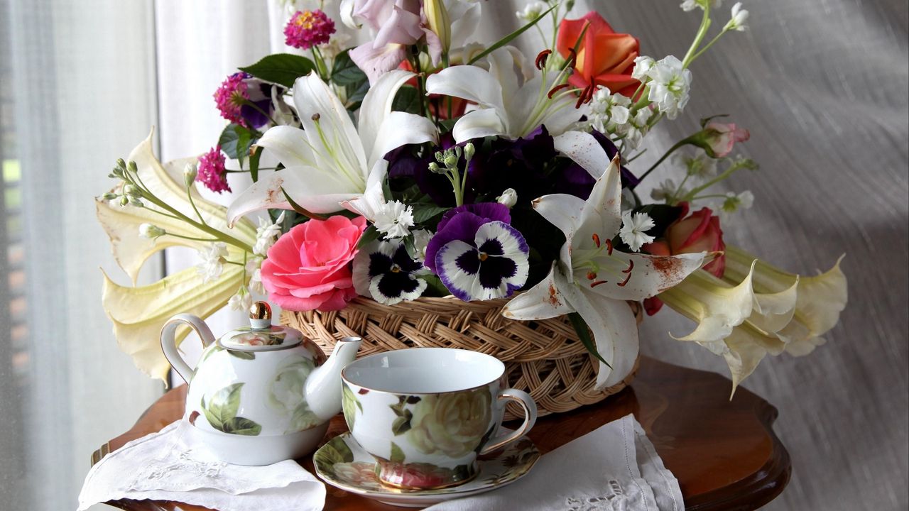 Wallpaper roses, lilies, pansies, flower, basket, table, tea