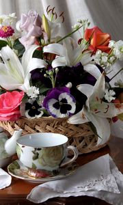 Preview wallpaper roses, lilies, pansies, flower, basket, table, tea