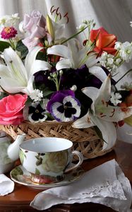 Preview wallpaper roses, lilies, pansies, flower, basket, table, tea