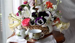 Preview wallpaper roses, lilies, pansies, flower, basket, table, tea