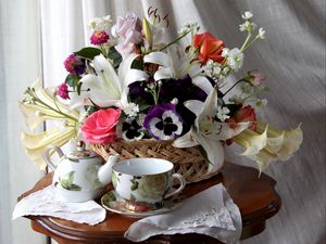 Preview wallpaper roses, lilies, pansies, flower, basket, table, tea