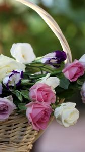 Preview wallpaper roses, lisianthus russell, flowers, basket, blurring