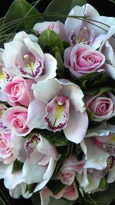 Preview wallpaper roses, orchids, flowers, bouquets, composition, design, green