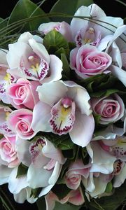 Preview wallpaper roses, orchids, flowers, bouquets, composition, design, green