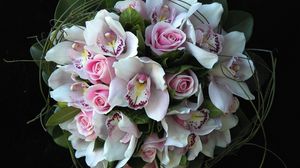 Preview wallpaper roses, orchids, flowers, bouquets, composition, design, green