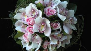 Preview wallpaper roses, orchids, flowers, bouquets, composition, design, green