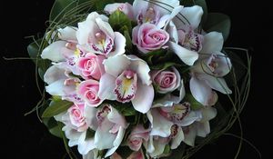 Preview wallpaper roses, orchids, flowers, bouquets, composition, design, green