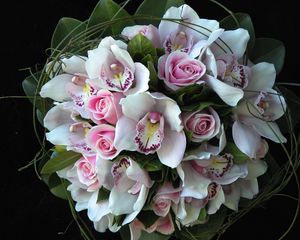 Preview wallpaper roses, orchids, flowers, bouquets, composition, design, green