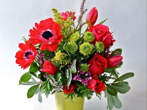 Preview wallpaper roses, tulips, chrysanthemums, flowers, bouquet, vase