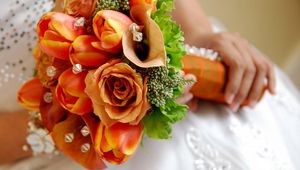 Preview wallpaper roses, tulips, flowers, stones, bridal bouquet