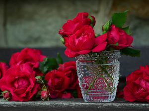 Preview wallpaper roses, vase, bouquet, petals