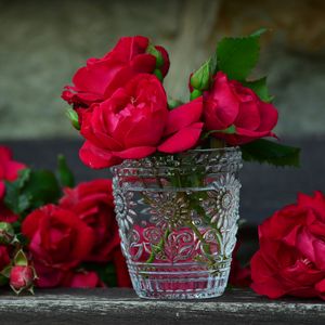 Preview wallpaper roses, vase, bouquet, petals