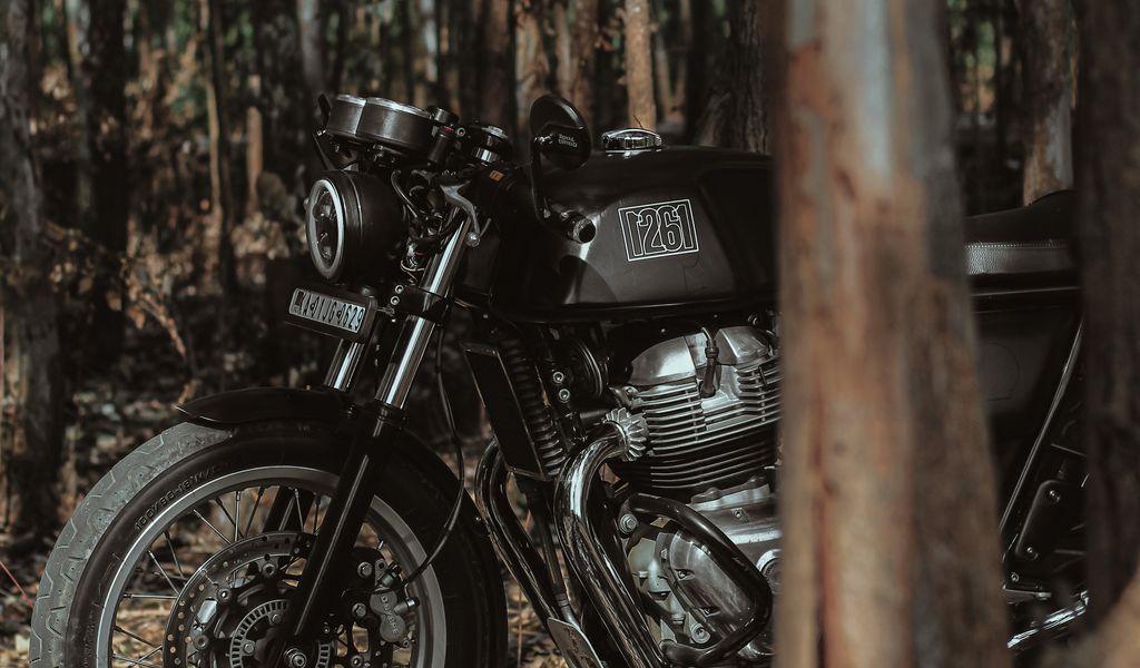 1024x600 Wallpaper royal enfield, motorcycle, bike, black, forest