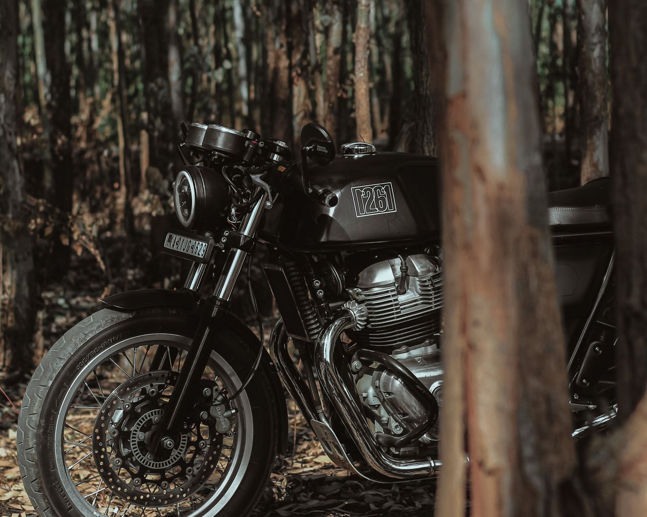 1280x1024 Wallpaper royal enfield, motorcycle, bike, black, forest