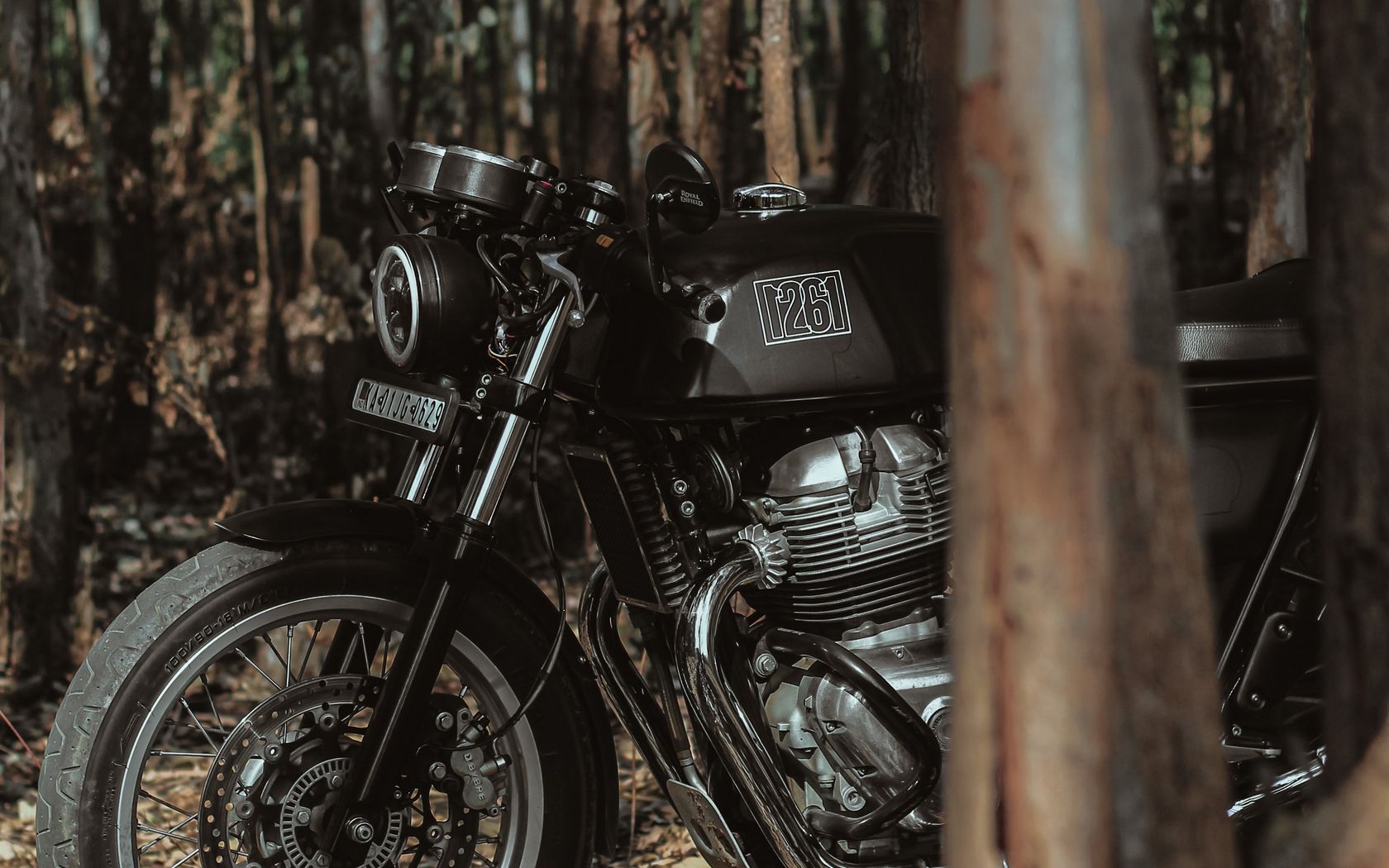 1680x1050 Wallpaper royal enfield, motorcycle, bike, black, forest