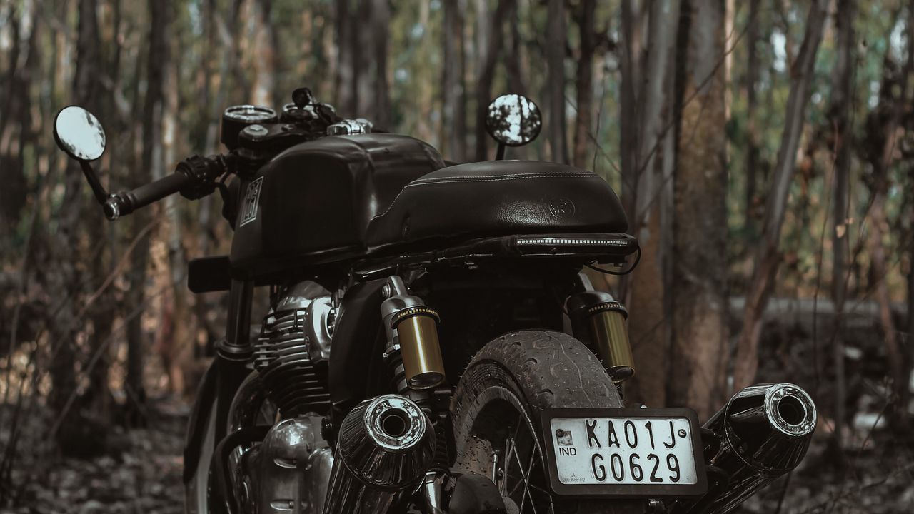 Wallpaper royal enfield, motorcycle, bike, black, trees