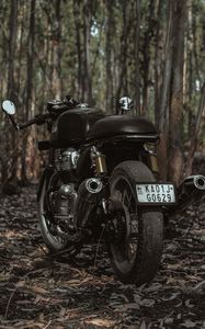 Preview wallpaper royal enfield, motorcycle, bike, black, trees