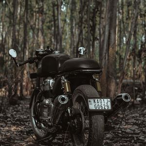 Preview wallpaper royal enfield, motorcycle, bike, black, trees