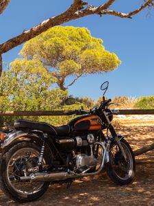 Preview wallpaper royal enfield, motorcycle, orange, tree, shadows