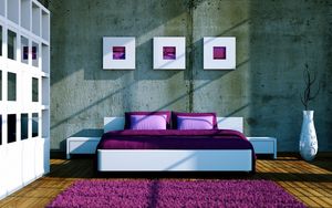 Preview wallpaper rug, shelves, bed, pillow, vase