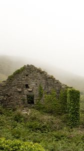 Preview wallpaper ruins, mountains, grass, fog