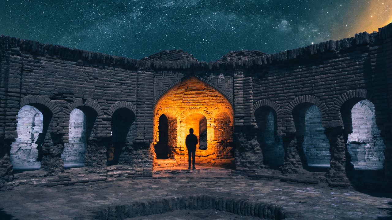 Wallpaper ruins, silhouette, starry sky, architecture