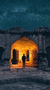 Preview wallpaper ruins, silhouette, starry sky, architecture