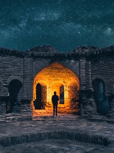 Preview wallpaper ruins, silhouette, starry sky, architecture