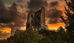 Preview wallpaper ruins, trees, sunset, landscape