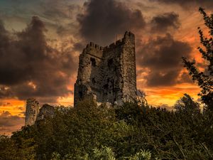 Preview wallpaper ruins, trees, sunset, landscape