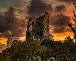 Preview wallpaper ruins, trees, sunset, landscape