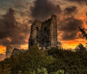 Preview wallpaper ruins, trees, sunset, landscape