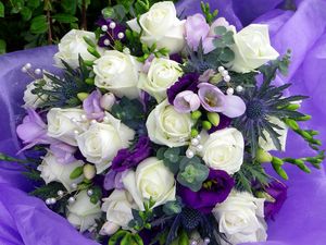 Preview wallpaper russell lisianthus, roses, freesia, decoration, flower, purple, decor
