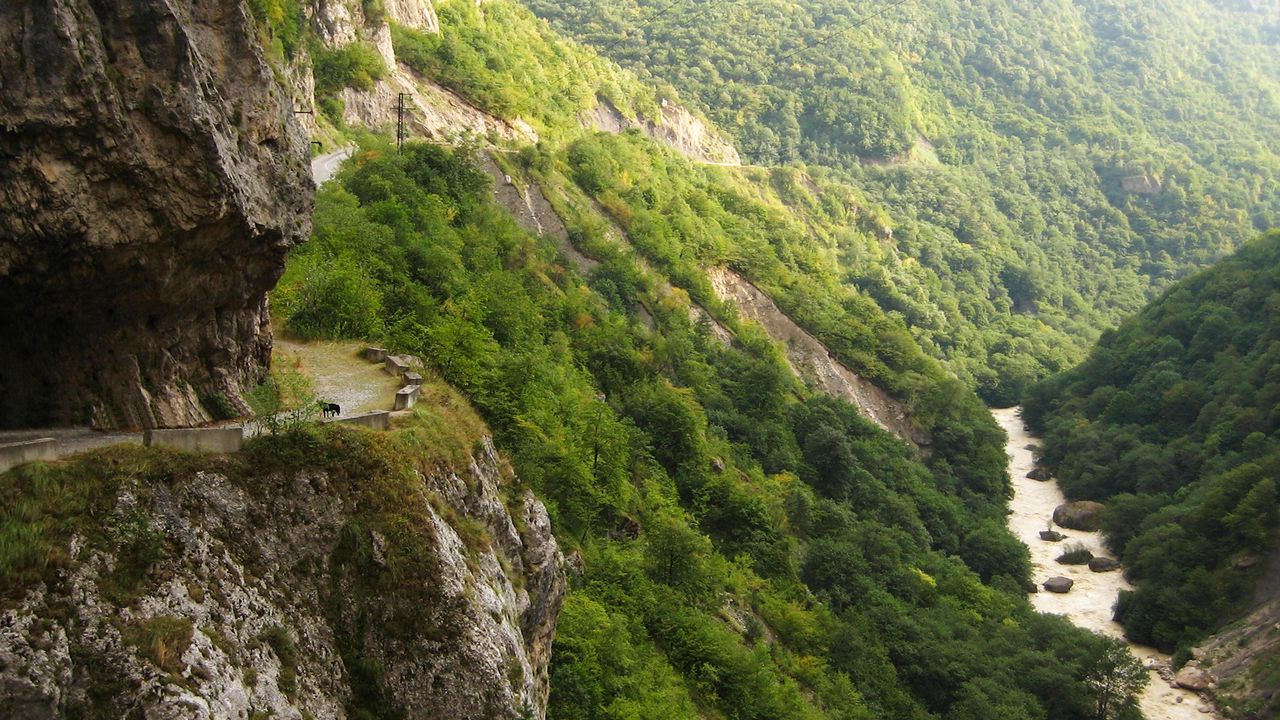 Wallpaper russia, circassian, gorge, wood, river, mountains