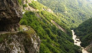Preview wallpaper russia, circassian, gorge, wood, river, mountains