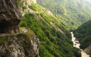 Preview wallpaper russia, circassian, gorge, wood, river, mountains