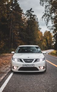 Preview wallpaper saab 9-2x, saab, car, white, front view, road